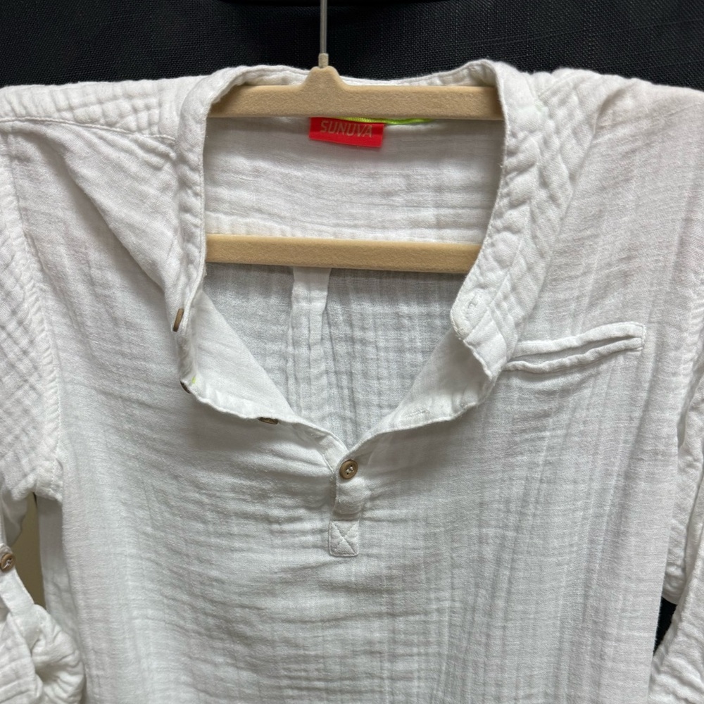 White Cotton Gauze Henley Shirt for Kids